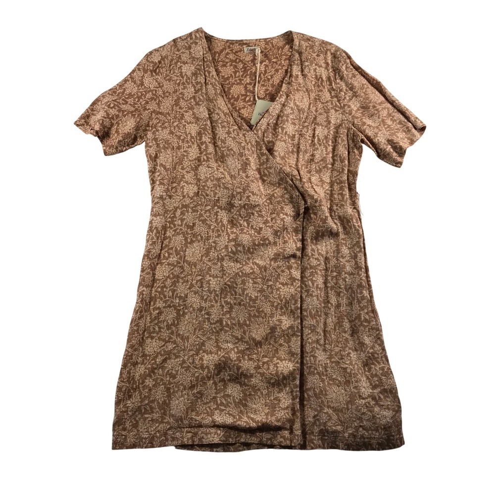 Faherty Ashley Dress Bronze Riviera Floral 100% Linen Wrap V-Neck Mini Large NWT